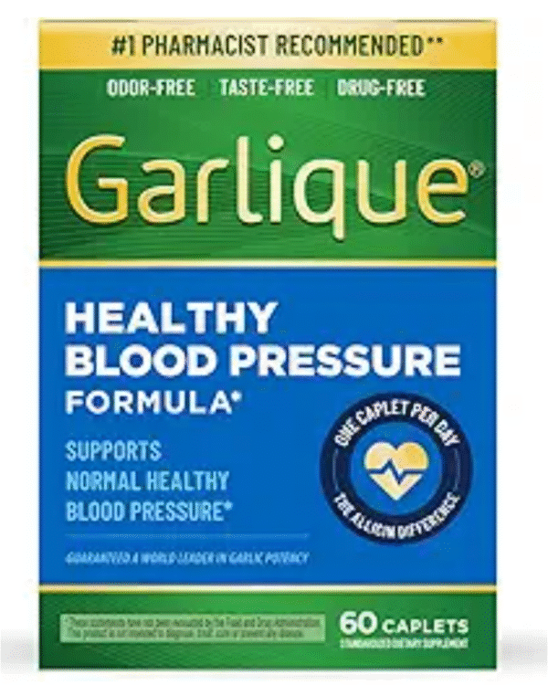 Garlique Garlic Extract Supplement, Healthy Blood Pressure Formula, Odorless & Vegan, 60 Caplets