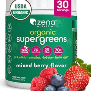 Zena Nutrition Organic Super Greens Powder, 70+ Superfoods, 0 Sugar, 3G Fiber, Spirulina, Chlorella, Antioxidants, Prebiotics/Probiotics, Digestive Enzymes, Mixed Berry, 30 Servings
