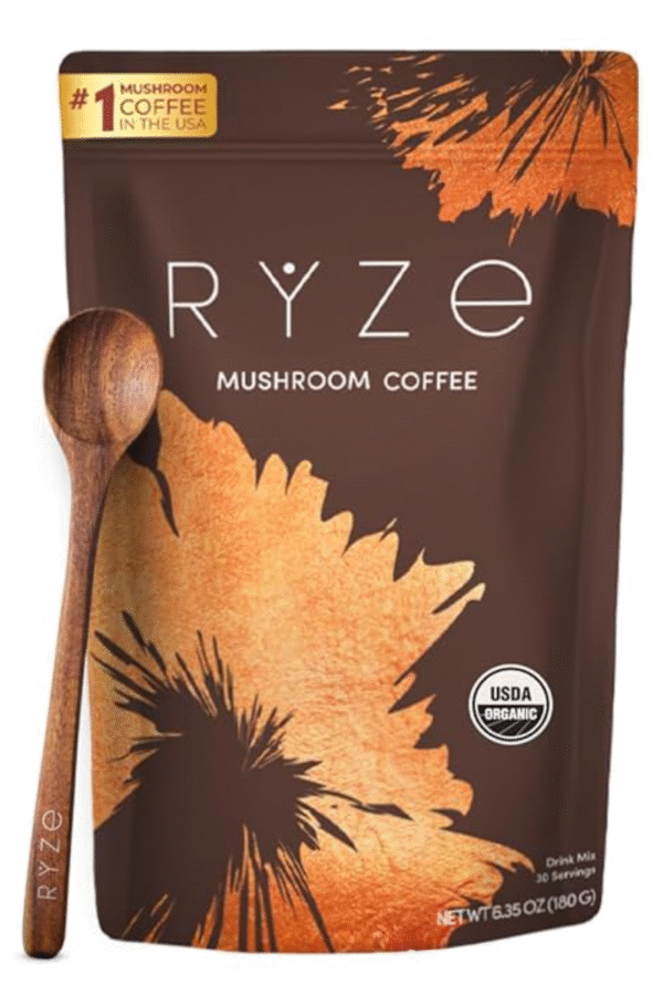 RYZE SUPERFOODS Mushroom Coffee USDA Organic with 6 Adaptogenic Mushrooms and MCT Oil, USA Grown Instant Coffee for Better Energy, Focus, Digestion, Immunity with Lions Mane & Turkey Tail, 30 servings